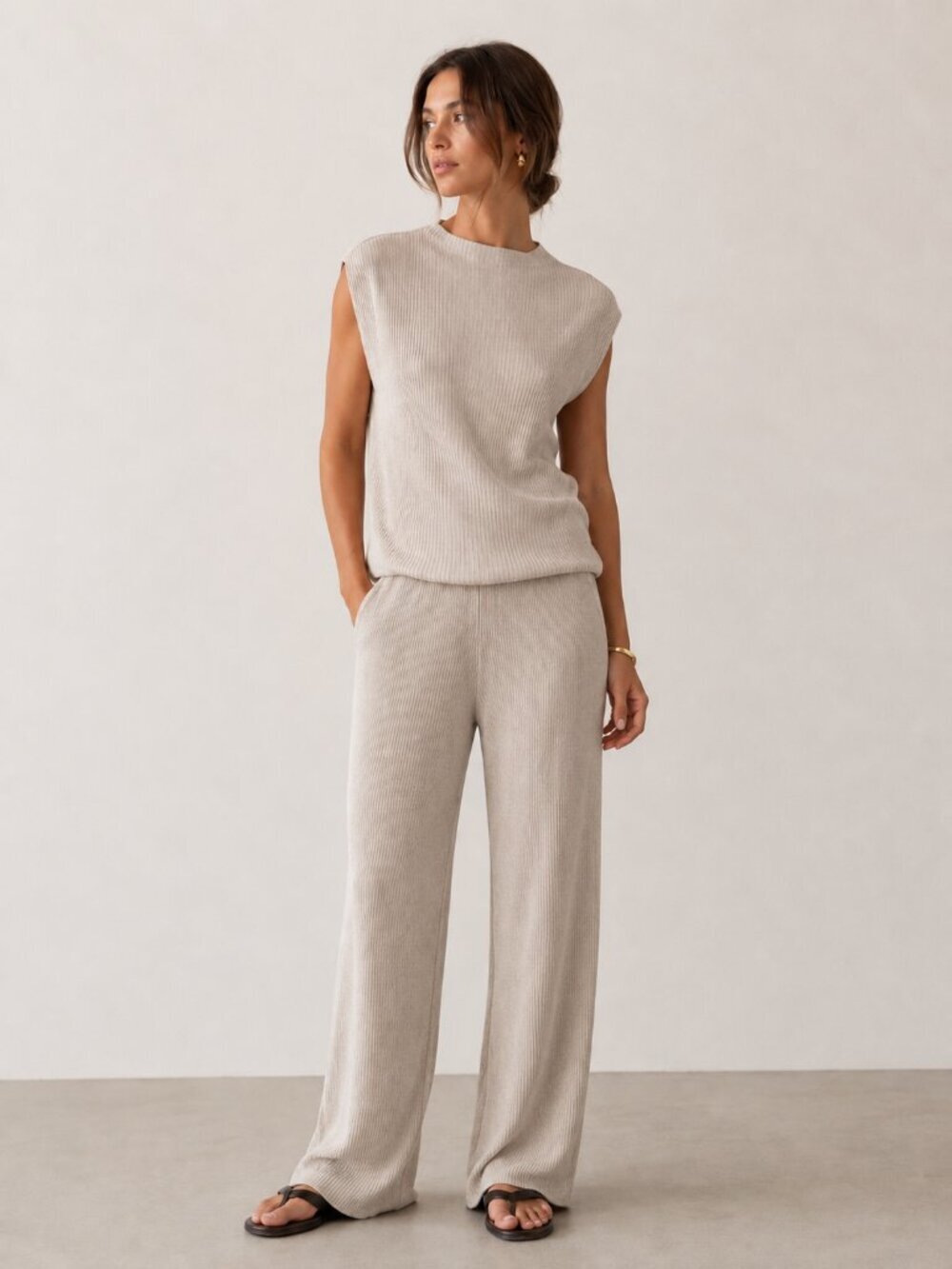 Zara Ribbed Knit SET Relaxed Top Wide Leg Pant Beige Neutral Size Small